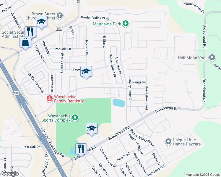 map of restaurants, bars, coffee shops, grocery stores, and more near 100 North Star Lane in Waxahachie