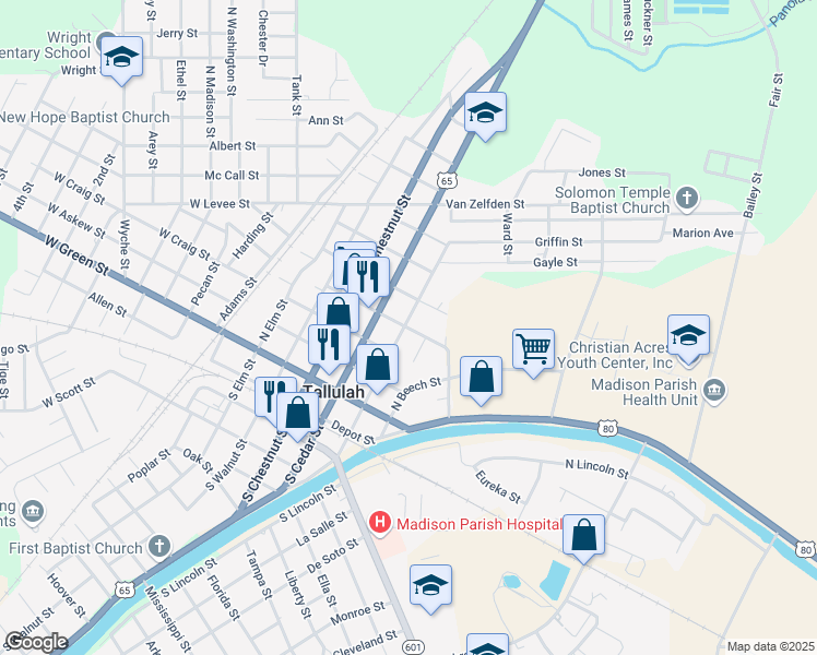 map of restaurants, bars, coffee shops, grocery stores, and more near 502 North Mulberry Street in Tallulah