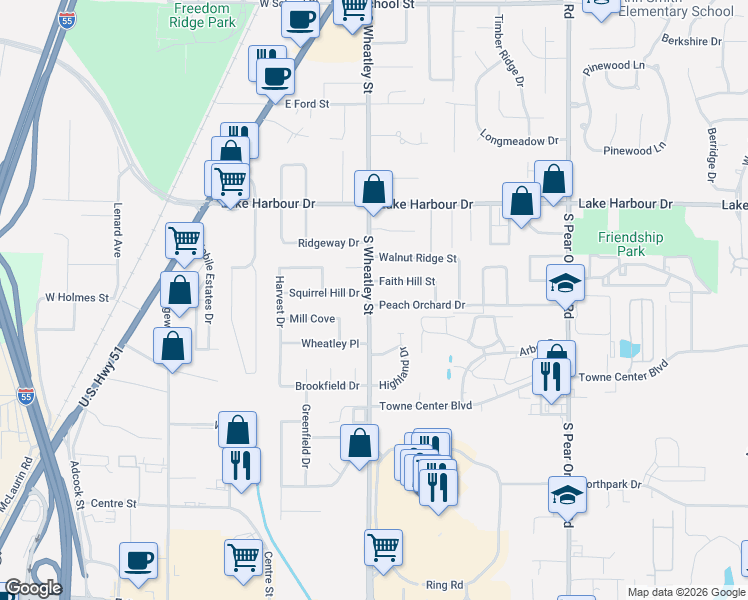 map of restaurants, bars, coffee shops, grocery stores, and more near 202 Peach Orchard Drive in Ridgeland