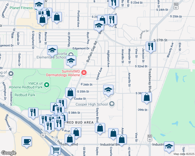 map of restaurants, bars, coffee shops, grocery stores, and more near 3300 Grand Avenue in Abilene