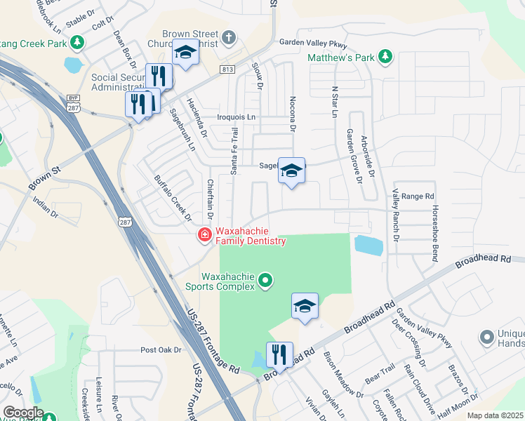 map of restaurants, bars, coffee shops, grocery stores, and more near 201 Atlantic Avenue in Waxahachie