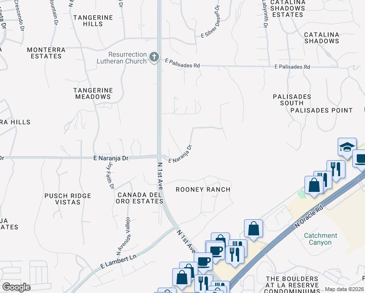 map of restaurants, bars, coffee shops, grocery stores, and more near 11270 Ridgeway Village Pl in Tucson