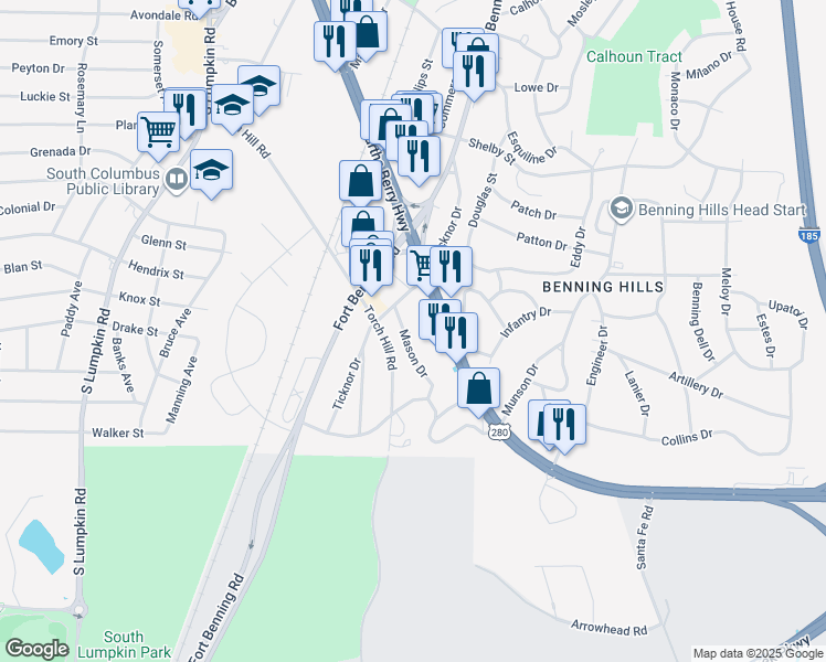 map of restaurants, bars, coffee shops, grocery stores, and more near 26 Mason Drive in Columbus