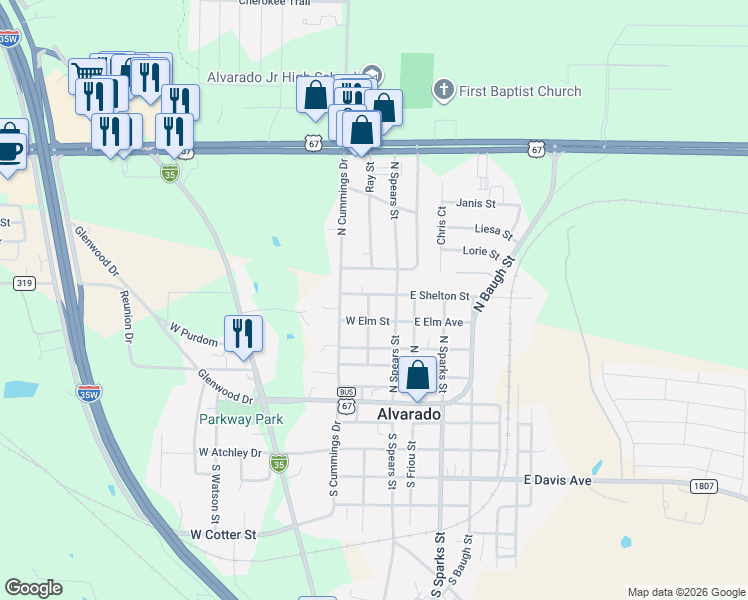 map of restaurants, bars, coffee shops, grocery stores, and more near 201 West Shelton Street in Alvarado