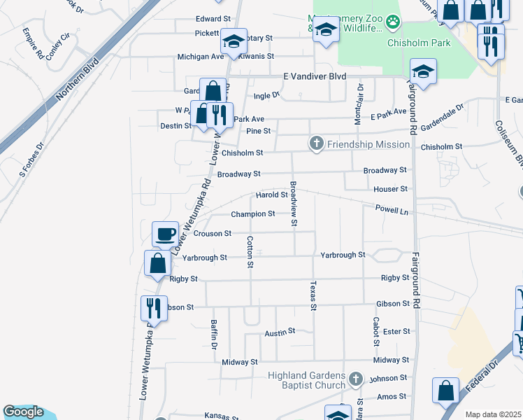 map of restaurants, bars, coffee shops, grocery stores, and more near 1711 Champion Street in Montgomery