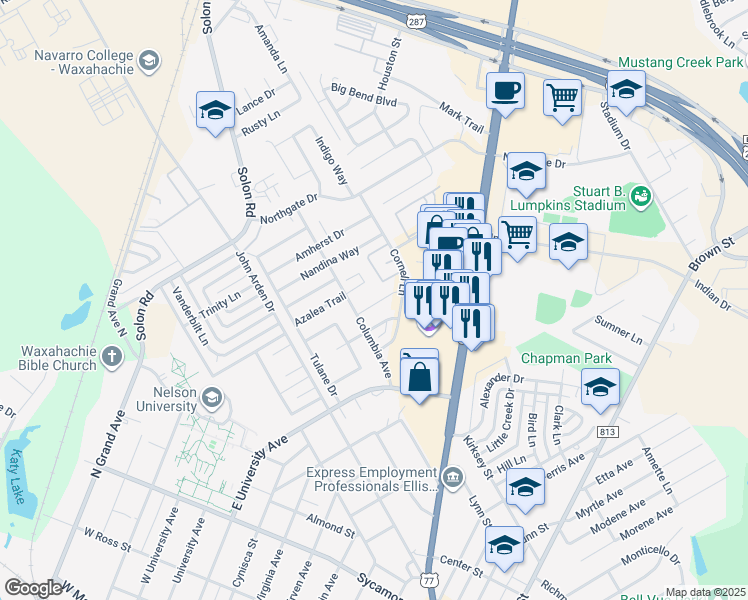 map of restaurants, bars, coffee shops, grocery stores, and more near 813 Hibiscus Trail in Waxahachie