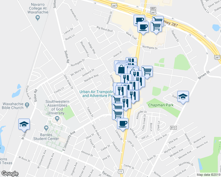 map of restaurants, bars, coffee shops, grocery stores, and more near 820 Hibiscus Trail in Waxahachie
