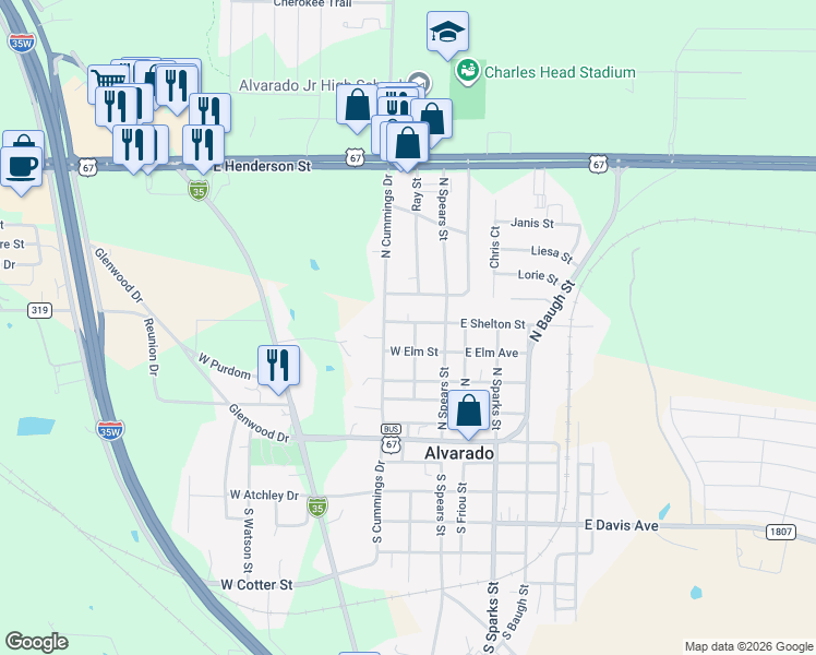 map of restaurants, bars, coffee shops, grocery stores, and more near 201 West Shelton Street in Alvarado