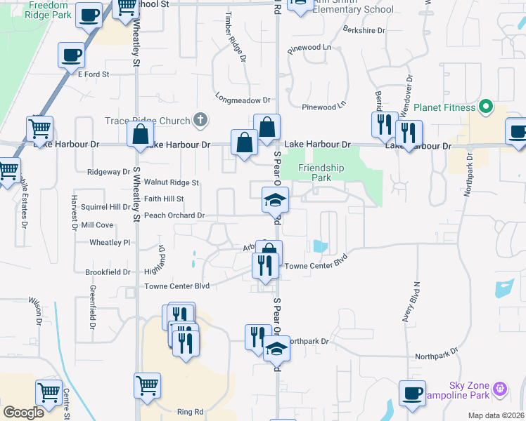 map of restaurants, bars, coffee shops, grocery stores, and more near 312 Peach Orchard Dr in Ridgeland