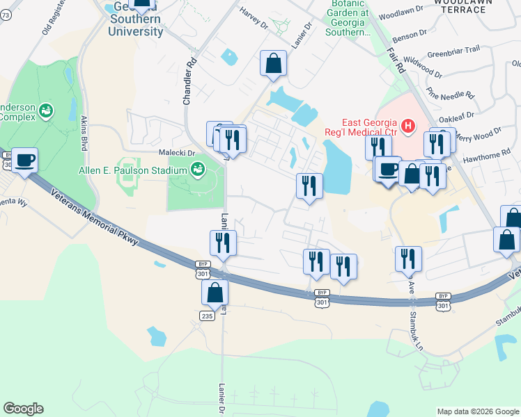 map of restaurants, bars, coffee shops, grocery stores, and more near 605 Little John Court in Statesboro