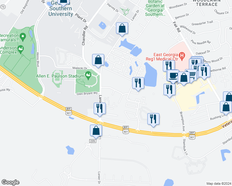map of restaurants, bars, coffee shops, grocery stores, and more near 812 Robin Hood Trail in Statesboro