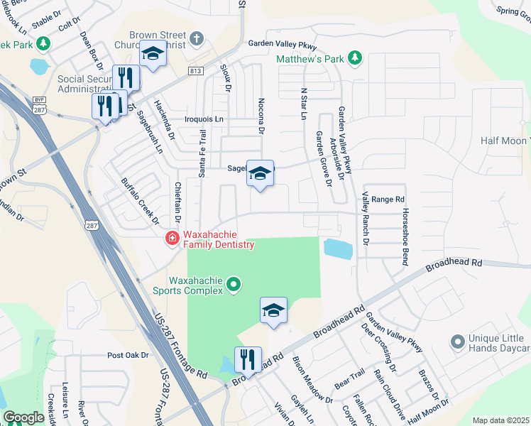 map of restaurants, bars, coffee shops, grocery stores, and more near 260 Park Place Boulevard in Waxahachie