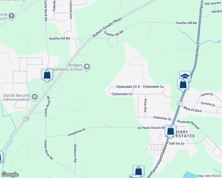 map of restaurants, bars, coffee shops, grocery stores, and more near 3079 Clydesdale Circle in Beaufort