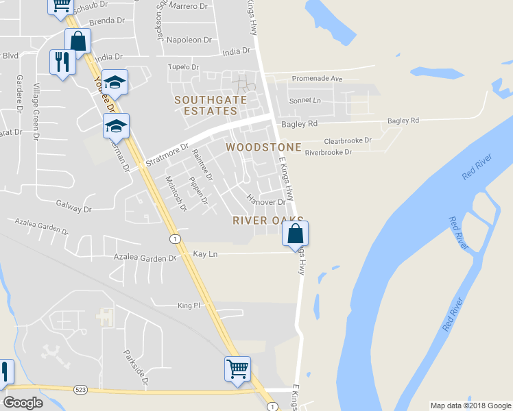 map of restaurants, bars, coffee shops, grocery stores, and more near 10303 Monet Drive in Shreveport