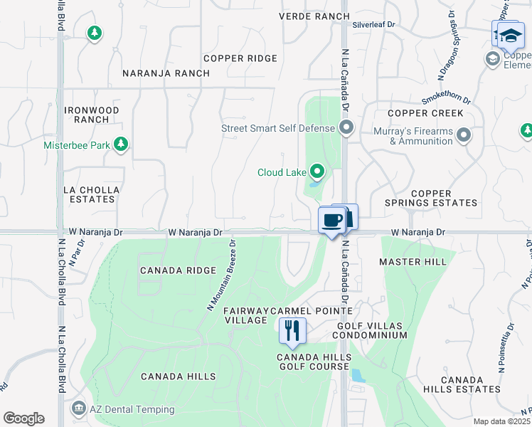 map of restaurants, bars, coffee shops, grocery stores, and more near 11241 North Twin Spur Court in Oro Valley
