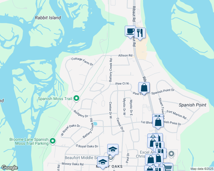 map of restaurants, bars, coffee shops, grocery stores, and more near 2672 Joshua Circle in Beaufort