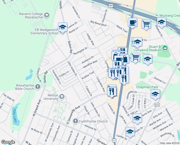 map of restaurants, bars, coffee shops, grocery stores, and more near 724 Azalea Trail in Waxahachie