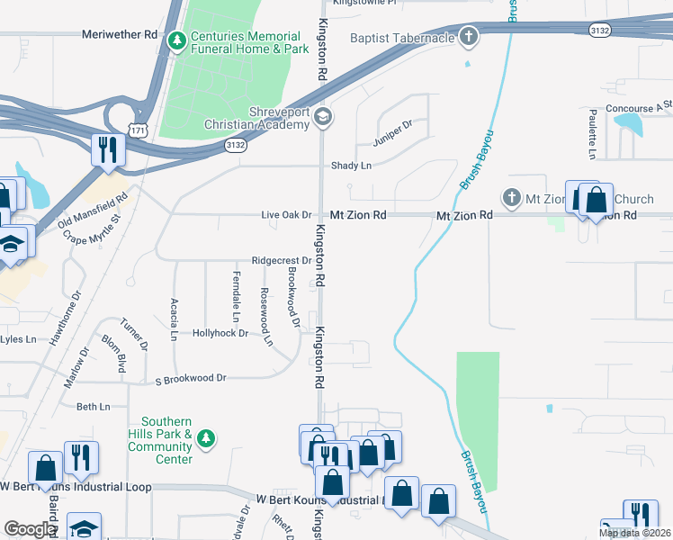 map of restaurants, bars, coffee shops, grocery stores, and more near 2534 Williamson Way in Shreveport