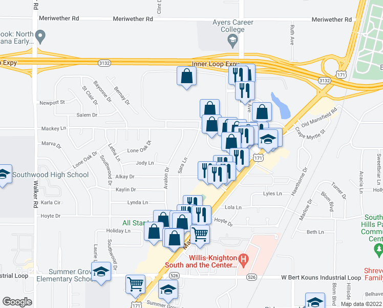 map of restaurants, bars, coffee shops, grocery stores, and more near 9025 Sara Lane in Shreveport