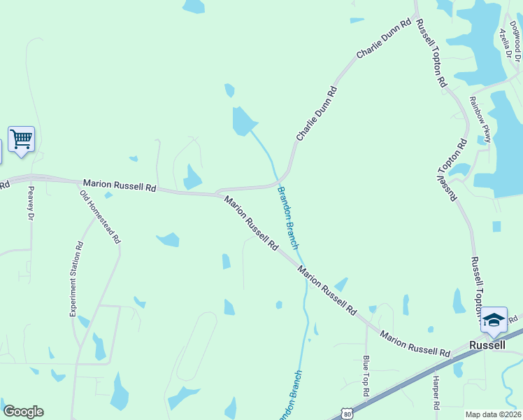 map of restaurants, bars, coffee shops, grocery stores, and more near 1301 Marion Russell Road in Meridian