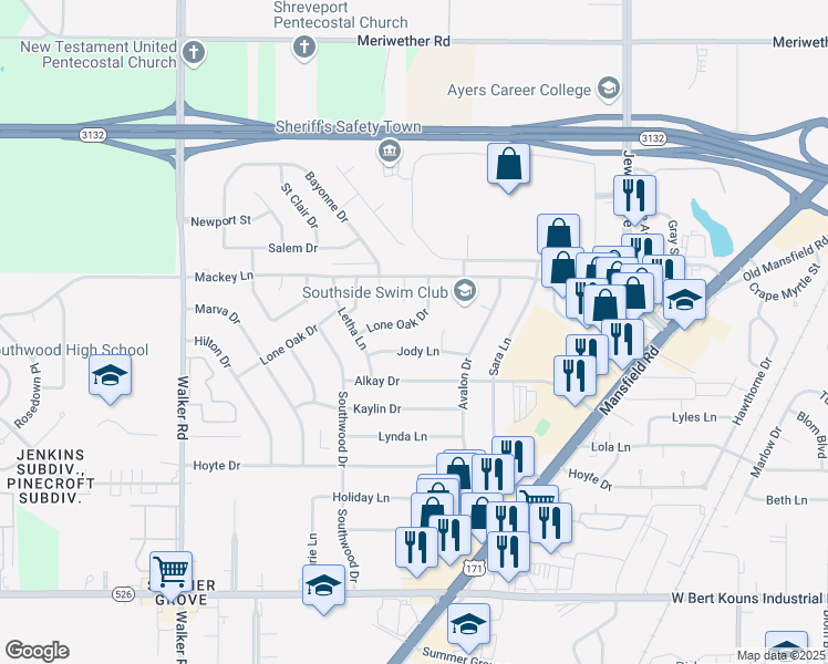 map of restaurants, bars, coffee shops, grocery stores, and more near 9031 Lone Oak Drive in Shreveport