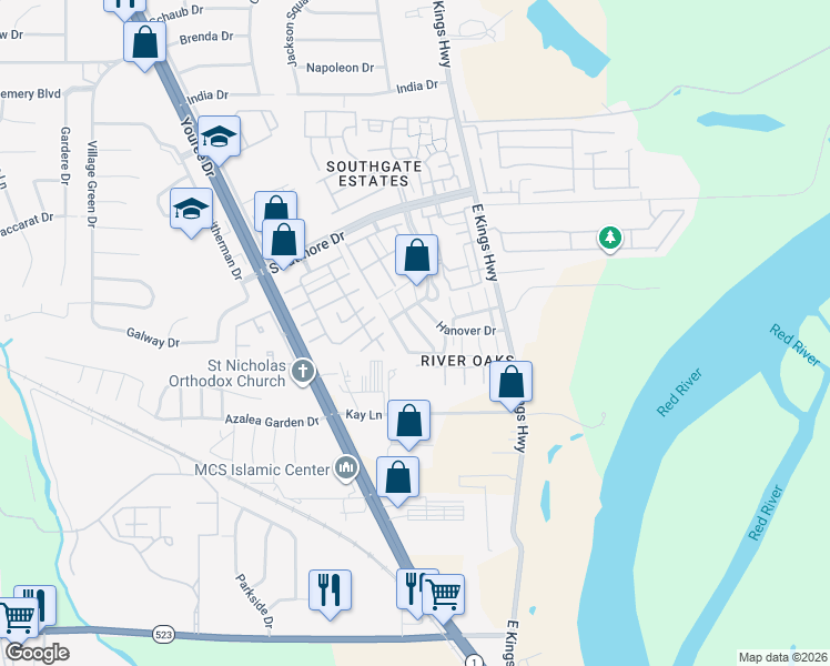 map of restaurants, bars, coffee shops, grocery stores, and more near 10134 Carlsbad Drive in Shreveport