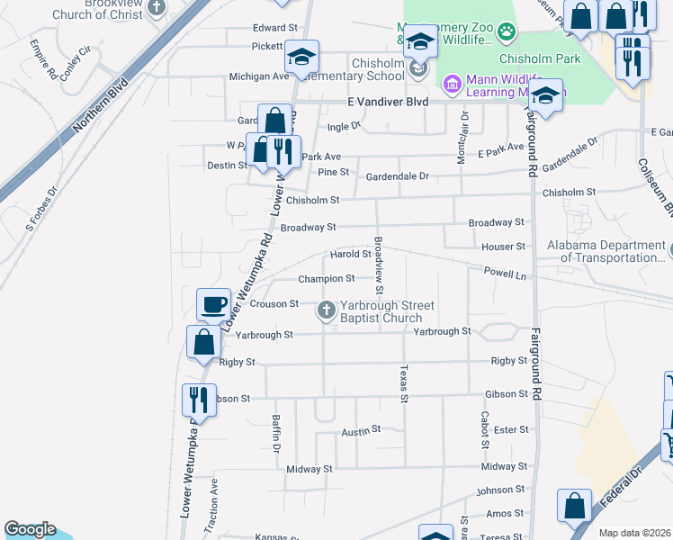 map of restaurants, bars, coffee shops, grocery stores, and more near 1718 Champion Street in Montgomery