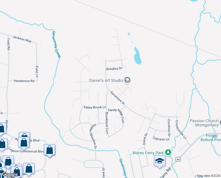 map of restaurants, bars, coffee shops, grocery stores, and more near 6265 Sycamore Drive in Montgomery