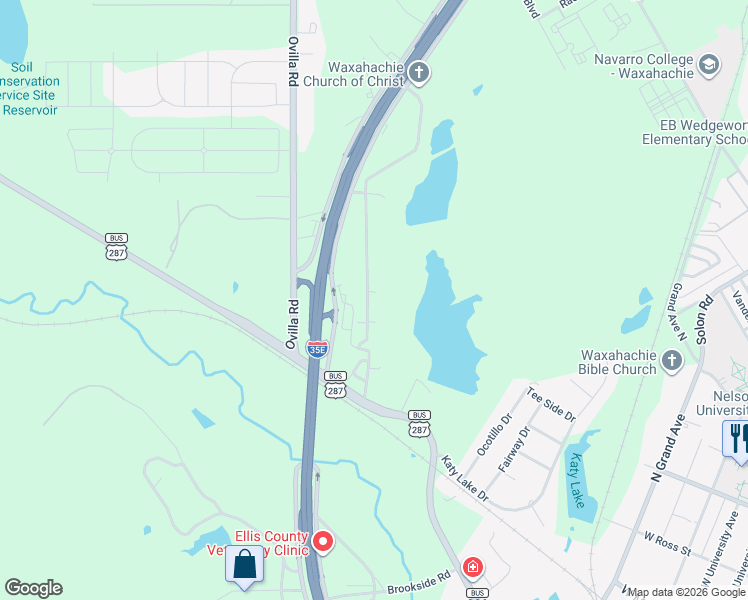 map of restaurants, bars, coffee shops, grocery stores, and more near 408 Gingerbread Lane in Waxahachie