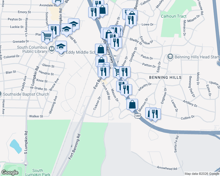 map of restaurants, bars, coffee shops, grocery stores, and more near 126 Torch Hill Road in Columbus
