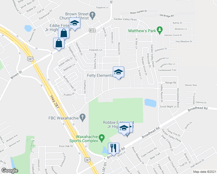 map of restaurants, bars, coffee shops, grocery stores, and more near 203 Atlantic Avenue in Waxahachie