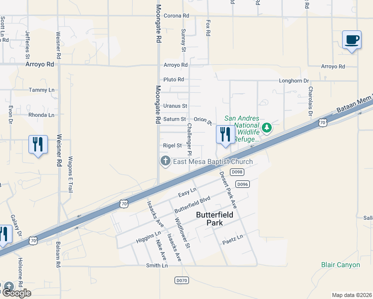 map of restaurants, bars, coffee shops, grocery stores, and more near 9415 Venus Street in Las Cruces