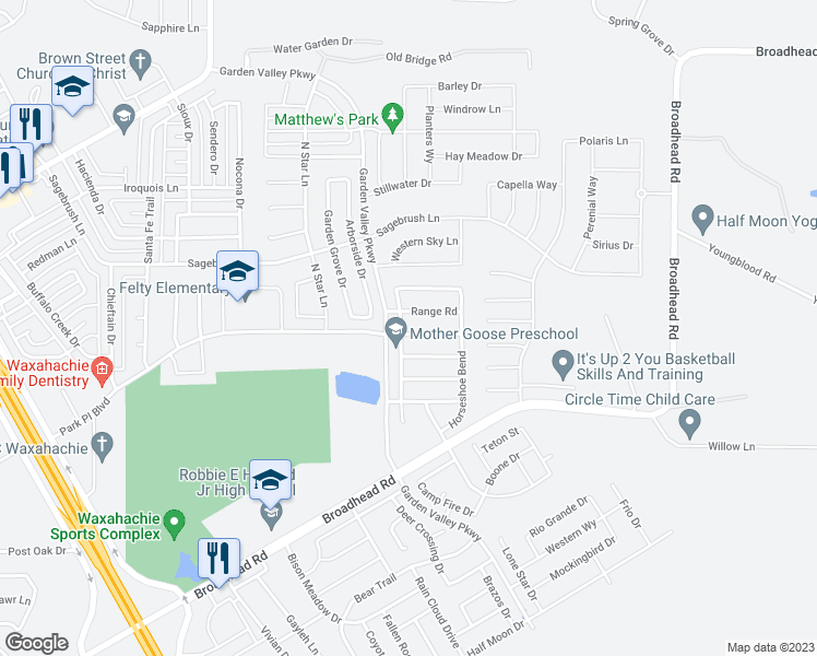 map of restaurants, bars, coffee shops, grocery stores, and more near 203 Rawhide Street in Waxahachie