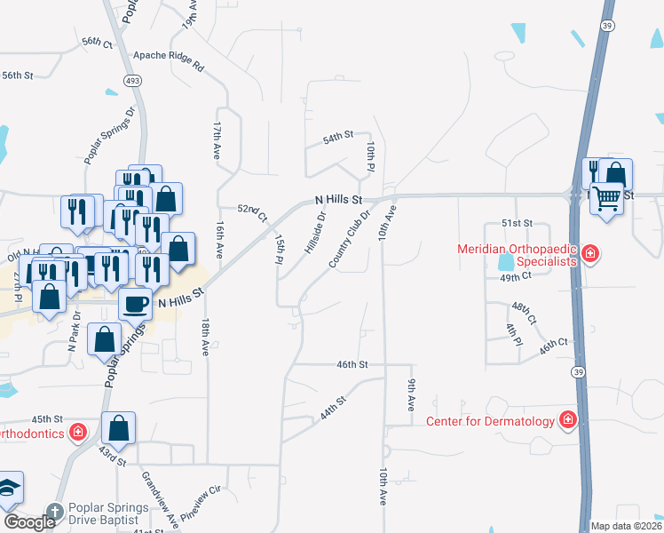 map of restaurants, bars, coffee shops, grocery stores, and more near 4916 Country Club Place in Meridian