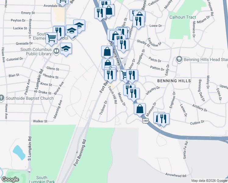 map of restaurants, bars, coffee shops, grocery stores, and more near 126 Torch Hill Road in Columbus