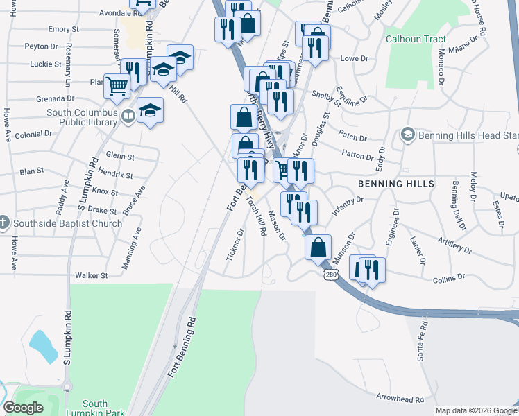 map of restaurants, bars, coffee shops, grocery stores, and more near 126 Torch Hill Road in Columbus