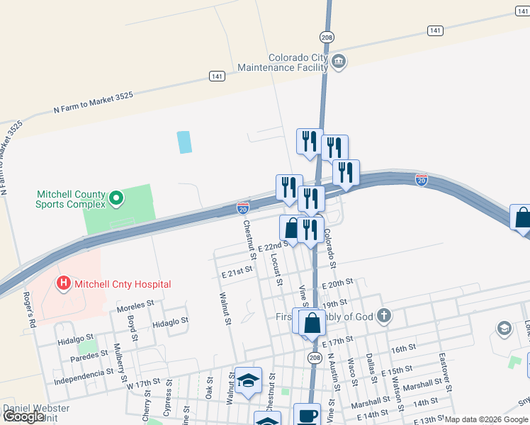 map of restaurants, bars, coffee shops, grocery stores, and more near 2333 Vine Street in Colorado City