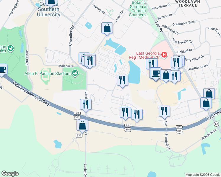 map of restaurants, bars, coffee shops, grocery stores, and more near 814 Robin Hood Trail in Statesboro
