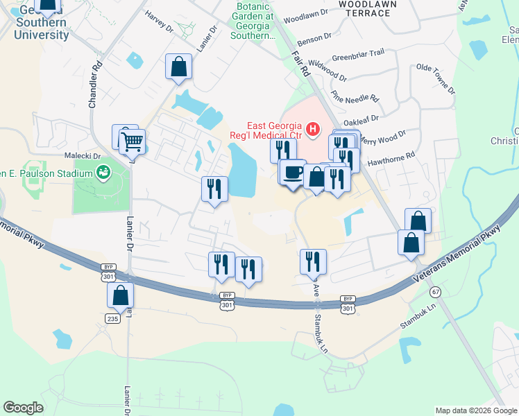 map of restaurants, bars, coffee shops, grocery stores, and more near 1150 Brampton Avenue in Statesboro