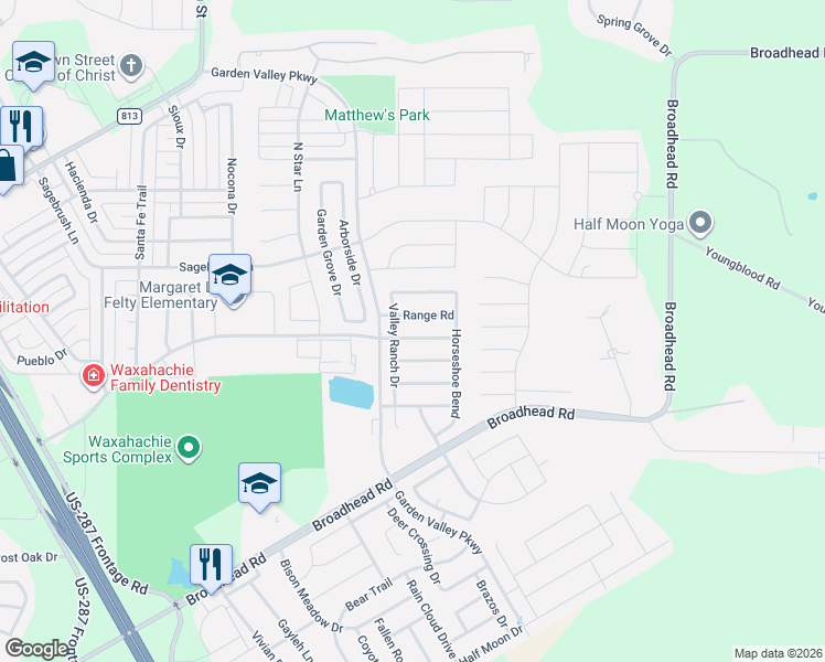 map of restaurants, bars, coffee shops, grocery stores, and more near 200 Rawhide Street in Waxahachie