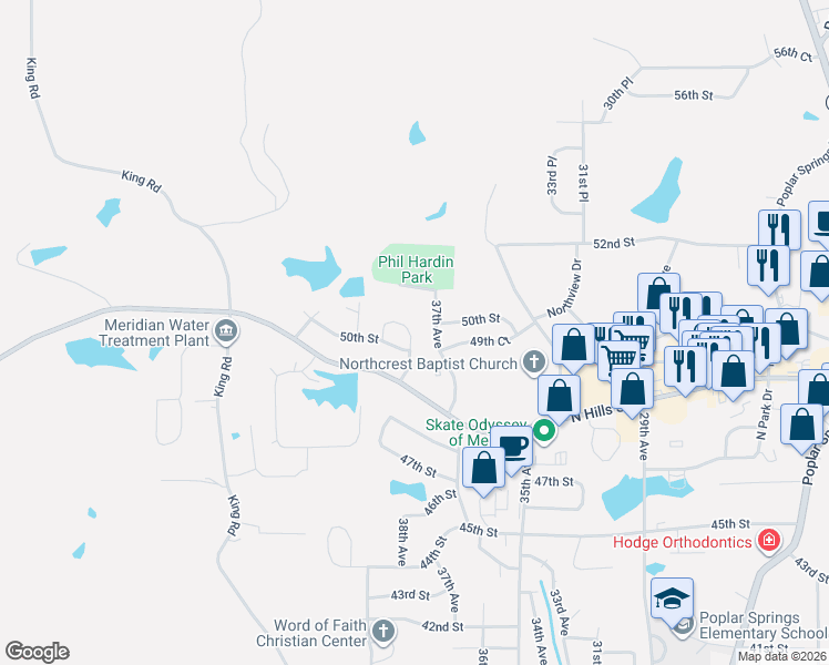 map of restaurants, bars, coffee shops, grocery stores, and more near 4905 37th Avenue in Meridian