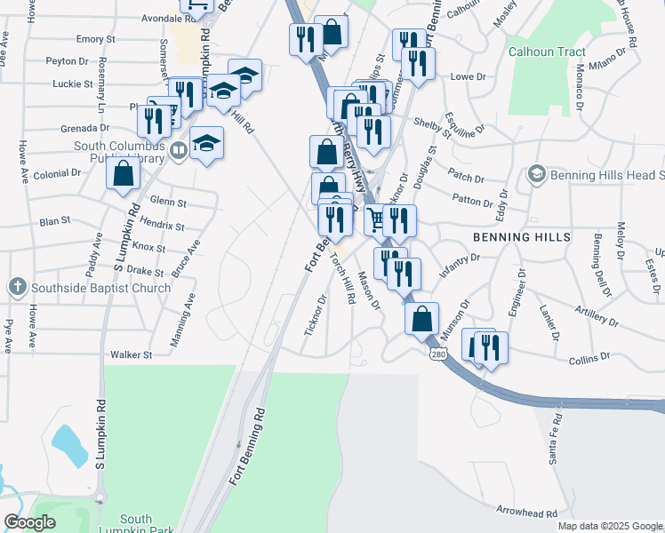 map of restaurants, bars, coffee shops, grocery stores, and more near 2318 Fort Benning Road in Columbus
