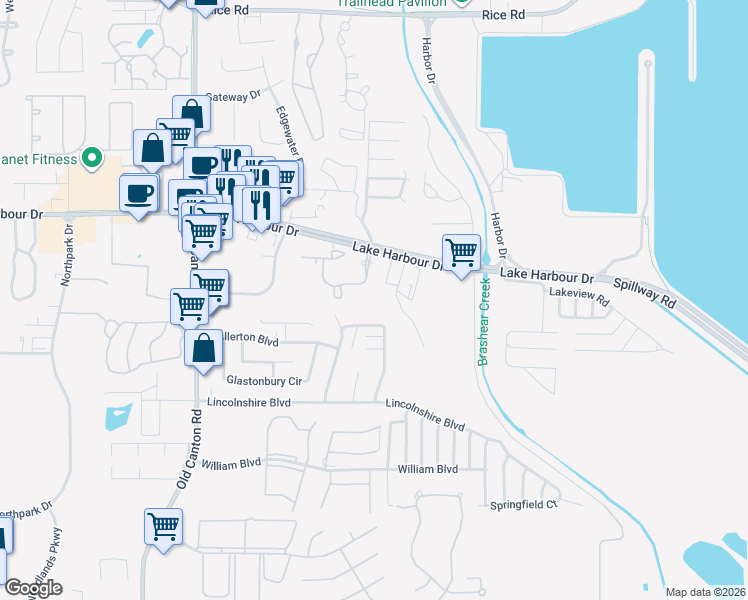 map of restaurants, bars, coffee shops, grocery stores, and more near 625 Thompson Shelton Road in Ridgeland