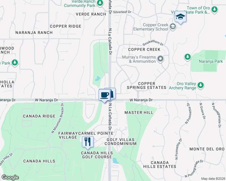 map of restaurants, bars, coffee shops, grocery stores, and more near 11267 North Canada Creek Drive in Oro Valley
