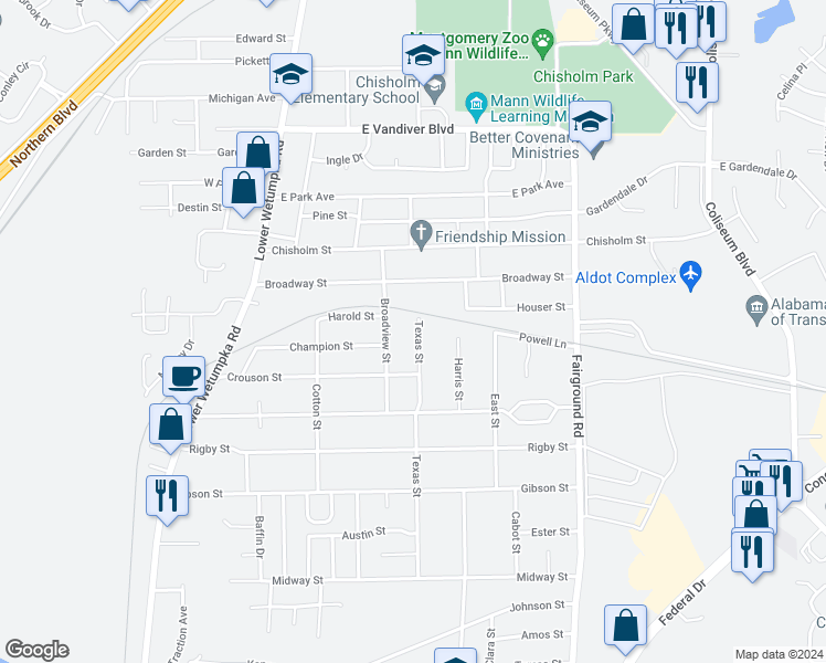 map of restaurants, bars, coffee shops, grocery stores, and more near 3445 Texas Street in Montgomery