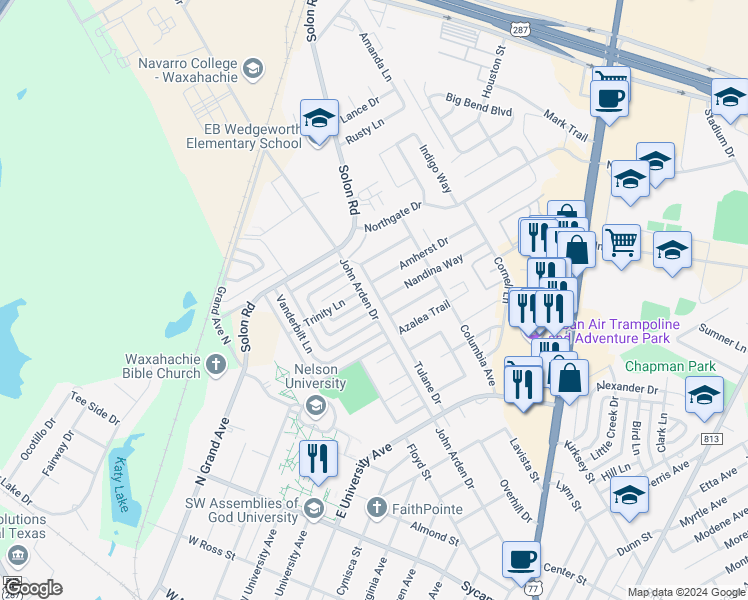 map of restaurants, bars, coffee shops, grocery stores, and more near 701 Tulane Drive in Waxahachie