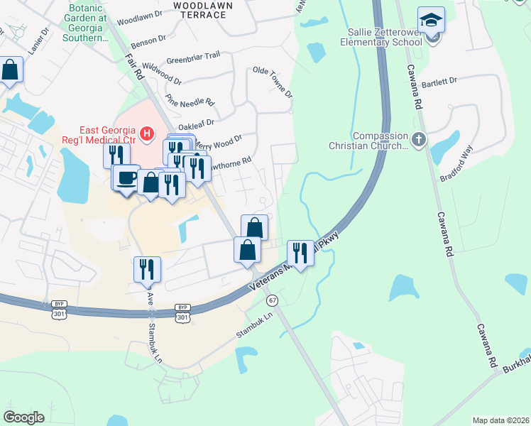 map of restaurants, bars, coffee shops, grocery stores, and more near 17 Sagebrush Apartments in Statesboro