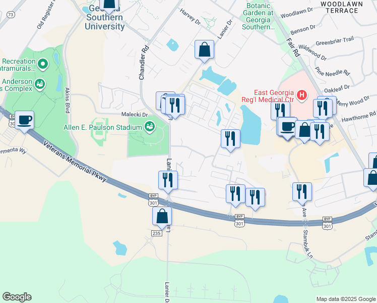 map of restaurants, bars, coffee shops, grocery stores, and more near 601 Little John Court in Statesboro