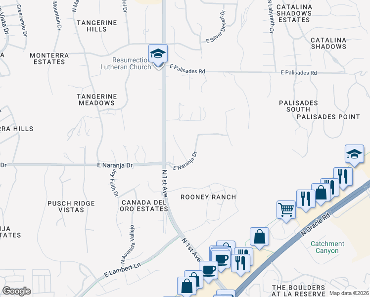 map of restaurants, bars, coffee shops, grocery stores, and more near 11270 Ridgeway Village Pl in Tucson
