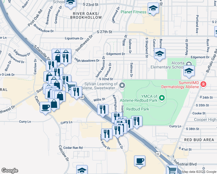 map of restaurants, bars, coffee shops, grocery stores, and more near 3401 South 32nd Street in Abilene
